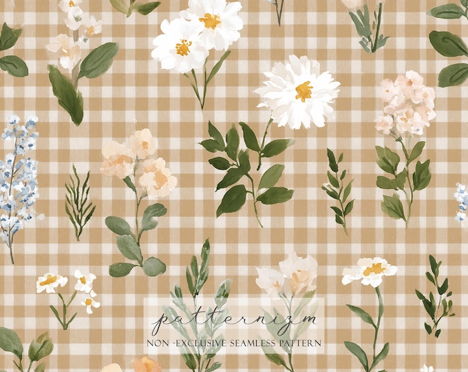 Seamless Beige Gingham Botanical Pattern Digital Download – Soft Wildflowers on Vintage Checks, Cottage Garden Fabric