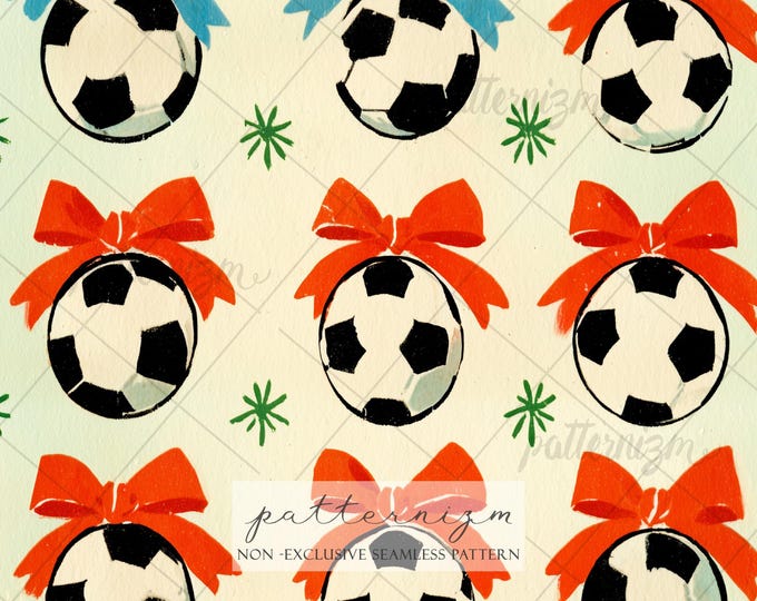 Seamless Soccer Bow Pattern Digital Download – Patriotic Football Design, USA Summer Sports Print, Cute Ribbon Ball Fabric