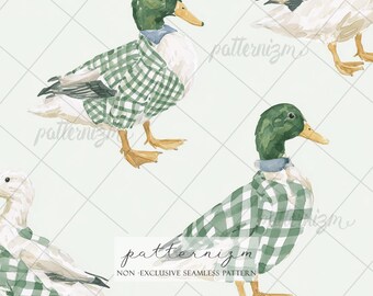 Mallard Duck Seamless Pattern Digital Download – Watercolor Gingham Duck Print, Cottagecore Farmhouse Fabric & Country Decor