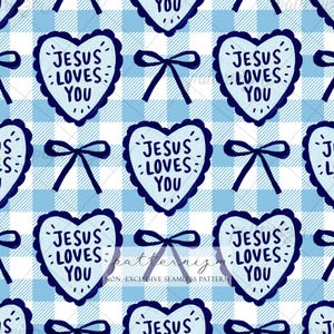 May include: Seamless pattern featuring light blue hearts with the text "JESUS LOVES YOU" and dark blue bows on a blue and white gingham background. The design is repeated across the image, creating a cohesive and decorative pattern.