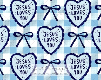 Jesus Loves You Seamless Pattern Digital Paper – Cute Christian Blue Heart Gingham Repeat Design