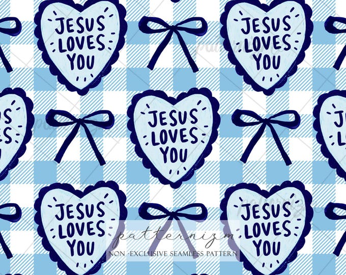 Jesus Loves You Seamless Pattern Digital Paper – Cute Christian Blue Heart Gingham Repeat Design