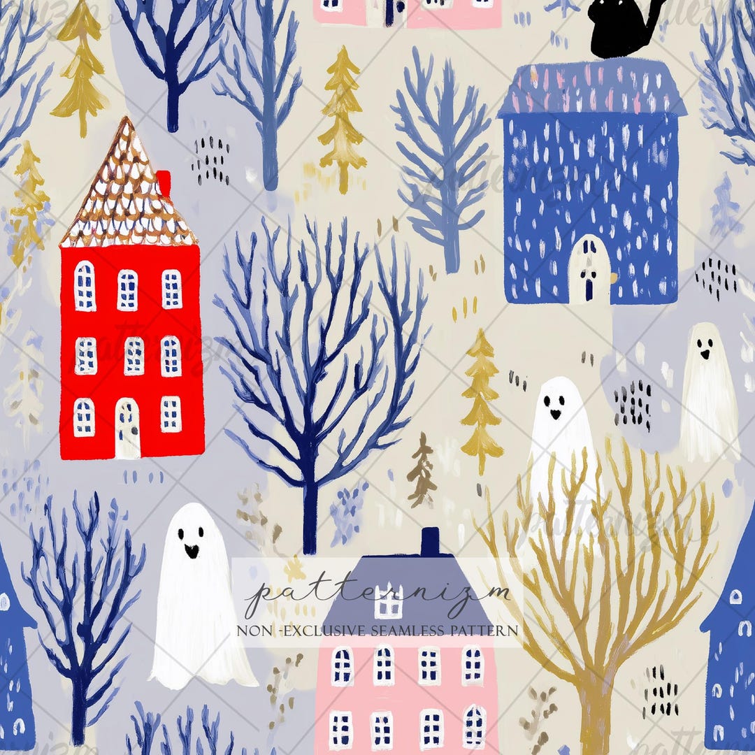Seamless Halloween Village Pattern Digital Download – Cute Ghost Houses ...