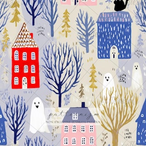 May include: Seamless pattern featuring whimsical illustrations of red, blue, and pink houses, white ghosts, and stylized trees in gold and blue. The pattern has a light gray background and the text "patternizm NON-EXCLUSIVE SEAMLESS PATTERN".