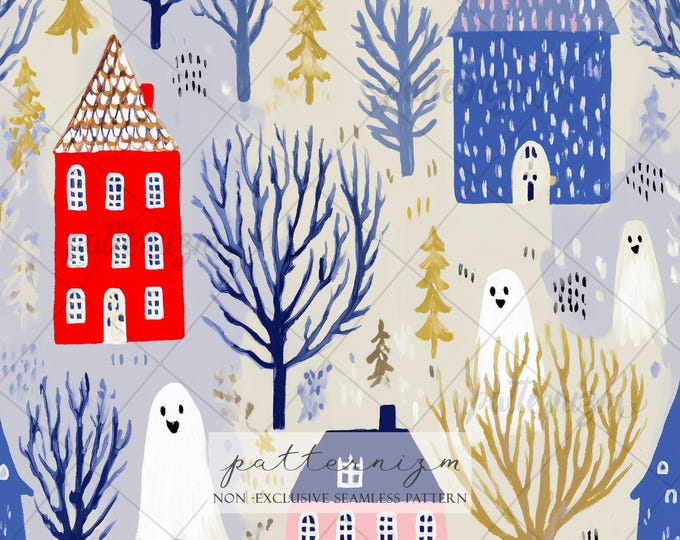Seamless Halloween Village Pattern Digital Download – Cute Ghost Houses & Autumn Trees, Whimsical Spooky Town Print, Kids Fabric