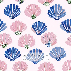 May include: A seamless pattern featuring watercolour seashell illustrations in pink and blue on a pale pink background. The seashells have green accents. The text "patternizm" and "NON-EXCLUSIVE SEAMLESS PATTERN" are at the bottom.