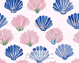 Seashell Seamless Pattern – Pink and Blue Ocean Shell Illustration Digital Paper for Summer Crafts & Beach Decor