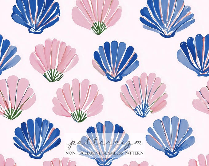 Seashell Seamless Pattern – Pink and Blue Ocean Shell Illustration Digital Paper for Summer Crafts & Beach Decor