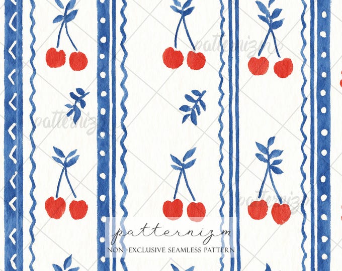 Seamless Patriotic Cherry Stripe Pattern Digital Download – Red Blue Folk Cherries, Americana Fabric