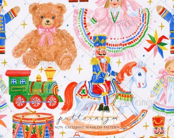 Seamless Christmas Toy Pattern Digital Download – Nutcracker Rocking Horse Teddy Bear, Vintage Holiday Train Print for Fabric Crafts