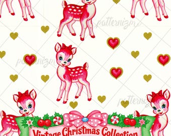 Vintage Reindeer Seamless Pattern, Retro Christmas Deer with Gold Hearts, Pink Holiday Fabric, Digital Download
