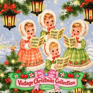 May include: A vintage-style illustration featuring four children in winter bonnets and coats singing from songbooks. The scene includes snow-covered pine trees, glowing lanterns, and a banner at the bottom with the text Vintage Christmas Collection by patternizm.
