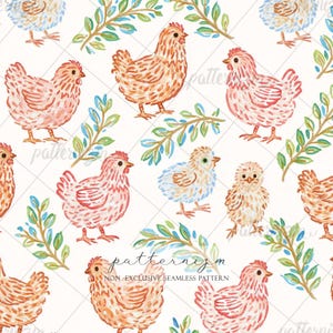 Watercolor Chicken Seamless Pattern Digital Download, Cottage Farm Hen Chick Botanical Repeat Design