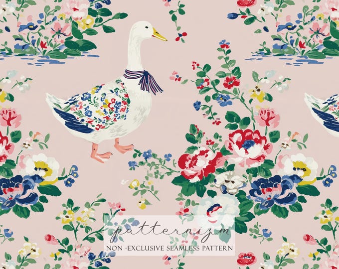 Vintage Floral Goose Pattern – Cottage Spring Garden Ducks, Watercolor Seamless Design for Easter Crafts & Fabric