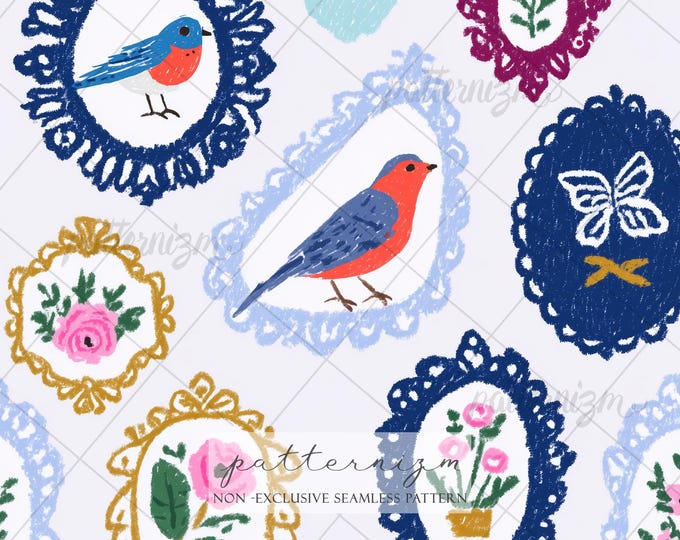 Grandmillennial Bird Frame Seamless Pattern Digital Download – Vintage Floral Cameo Design, Cottagecore Wall Art Print, Elegant Fabric