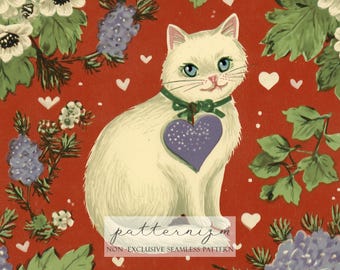 Romantic White Cat Seamless Pattern – Cute Feline with Purple Heart on Red, Vintage Floral Digital Paper for Craft Projects