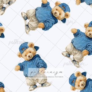 May include: Seamless pattern featuring cartoon teddy bears in blue hoodies, caps, and sneakers. The bears are in various poses against a white background with a subtle grid pattern. The text "patternizm NON-EXCLUSIVE SEAMLESS PATTERN" is visible.