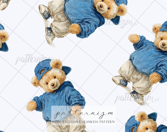 Fluffy Teddy Bear Seamless Pattern – Cute Pink Heart Sweater Bear Repeat Design for Valentine's Day, Baby Shower Decor and Kids Crafts