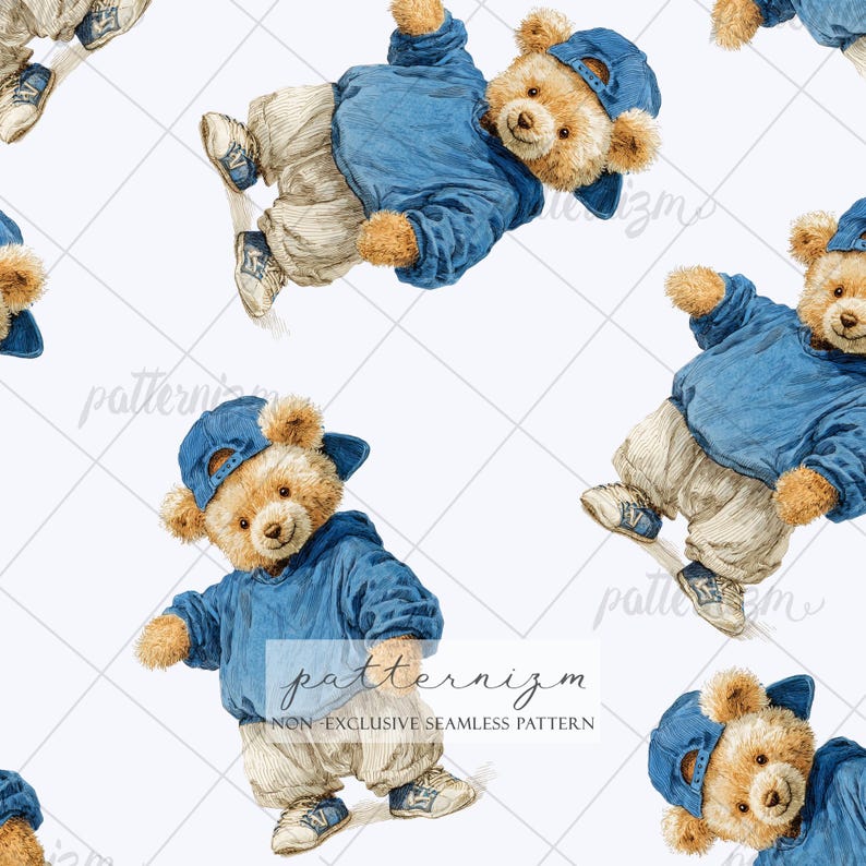 May include: Seamless pattern featuring cartoon teddy bears in blue hoodies, caps, and sneakers. The bears are in various poses against a white background with a subtle grid pattern. The text "patternizm NON-EXCLUSIVE SEAMLESS PATTERN" is visible.