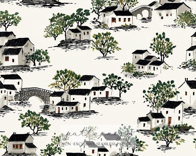 Ink Village Landscape Seamless Pattern – Repeat Chinese Style Watercolor Houses and Trees for Fabric, Wallpaper & Scrapbooking