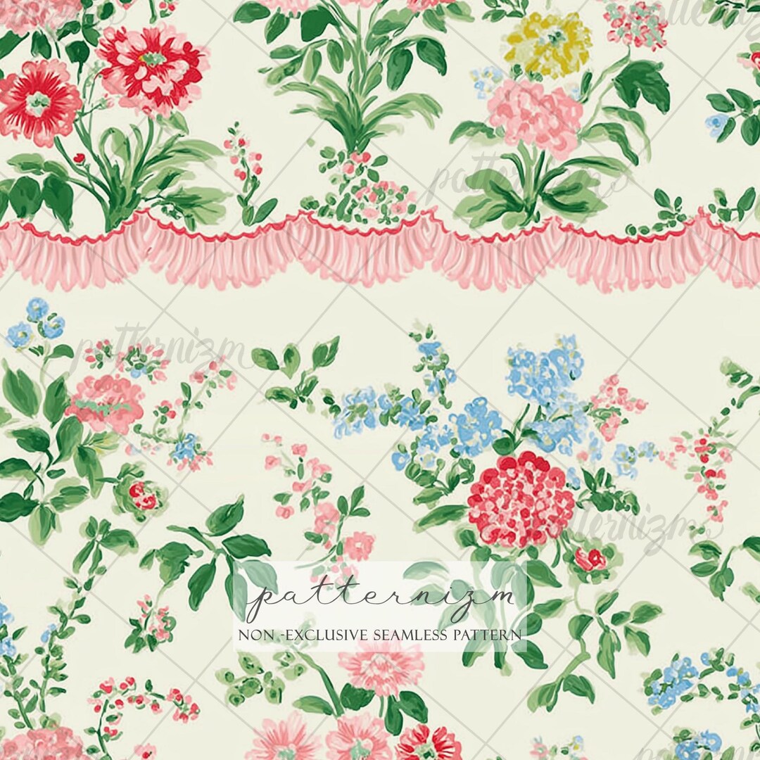 Ruffle Ribbon Floral Seamless Pattern – Pink Scalloped Border With ...