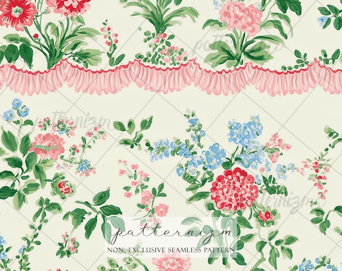 Ruffle Ribbon Floral Seamless Pattern – Pink Scalloped Border with Vintage Flowers on Cream for Elegant Wallpaper & Fabric