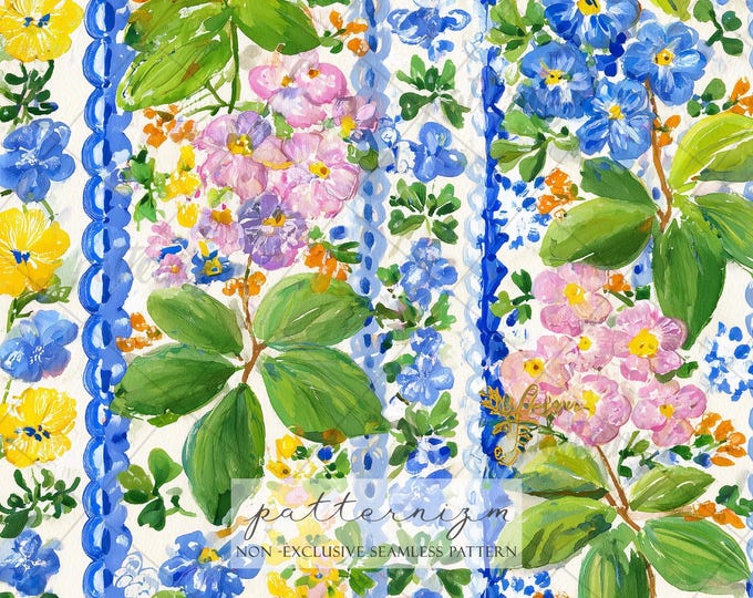 Seamless Floral Stripe Pattern Digital Download – Whimsical Garden Border Design, Painterly Botanical Fabric for Spring & Summer Crafts