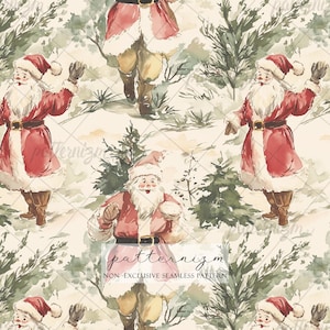 May include: Watercolor pattern featuring multiple Santa Claus figures in red coats and hats, with white fur trim, set against a snowy forest backdrop. The design includes evergreen trees and a repeating pattern. The text "patternizm" and "NON-EXCLUSIVE SEAMLESS PATTERN" are also visible.