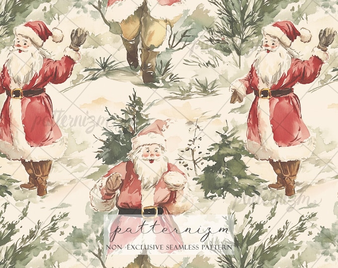 Seamless Santa Christmas Pattern Digital Download – Vintage Holiday Illustration, Festive Winter Fabric Design