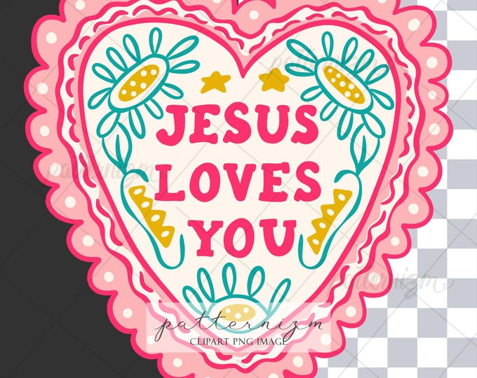 Retro Jesus Loves You Heart PNG - Christian Clipart, Religious Floral Design, Pink Dopamine Decor, Faith Based Art, Bible Verse Sticker