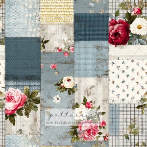 Naadloze bloemenpatroon patchwork – blauwe rustieke roos stoftextuur voor digitaal papier, quilten en cottage-decor, digitale download