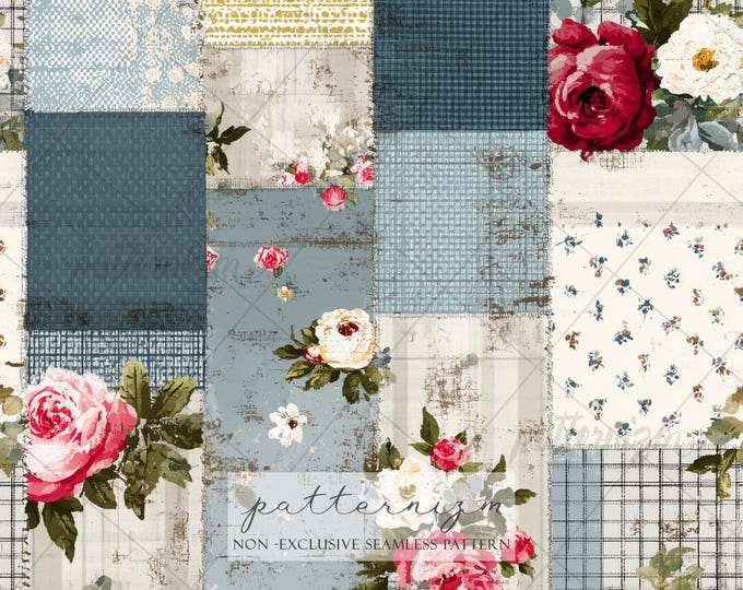 Vintage Floral Patchwork Seamless Pattern – Blue Rustic Rose Fabric Texture for Digital Paper, Quilting & Cottage Decor, Digital Download