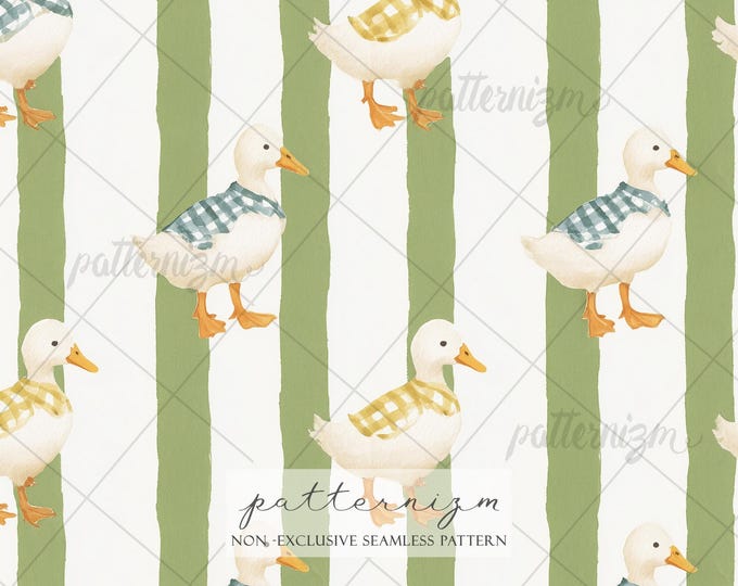 Seamless Duck Stripe Pattern Digital Download – Gingham Scarf Ducks on Green Stripes, Cottagecore Spring Fabric, Cute Farm Print