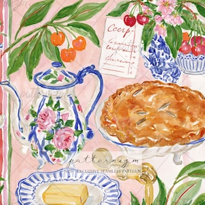 May include: A watercolor illustration featuring a white teapot with blue trim and pink roses, a golden-brown pie on a pedestal dish, a blue and white bowl of cherries, a stick of butter on a blue-rimmed plate, and a handwritten note labeled Cccp.