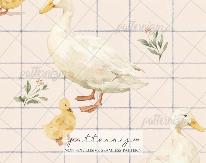 Seamless Duck and Duckling Gingham Pattern Digital Download – Watercolor Farm Animal Fabric