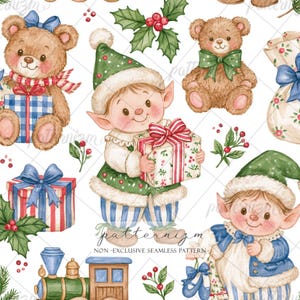 May include: A seamless pattern featuring watercolor illustrations of teddy bears, elves in green hats, gift boxes with ribbons, holly berries, and a toy train on a white background. The design includes text reading patternizm NON-EXCLUSIVE SEAMLESS PATTERN.