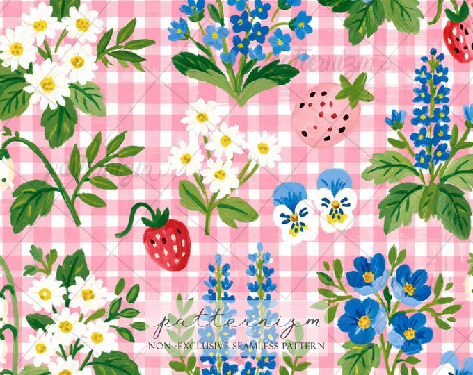 Seamless Strawberry Floral Gingham Pattern Digital Download – Pink Cottagecore Wildflower Print, Botanical Berry Fabric & Spring Decor