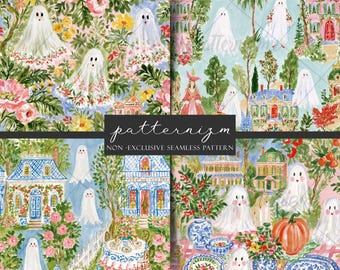 Grandmillennial Halloween Seamless Patterns, 35 Chinoiserie Ghost Pumpkin Gingham Digital Paper JPG, Watercolor Fall Ginger Jar Bundle