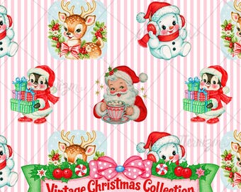 Vintage Christmas Seamless Pattern, Retro Santa Snowman Reindeer Penguin, Pink Stripe Holiday Digital Download