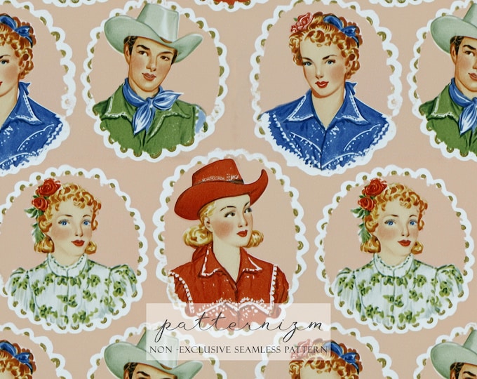 Vintage Western Seamless Pattern Digital Paper – Retro Cowgirl and Cowboy Portraits for Scrapbooking, Crafts and Americana Decor