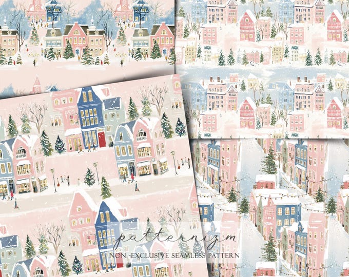 Pink Winter Town Scenes Seamless Pattern Paper Pack, 4 Watercolor Landscape Art for Scrapbooking & Fabric, Digital Download, Trending Now