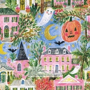 May include: A whimsical illustration featuring pink houses, a jack-o'-lantern, bats, ghosts, and a crescent moon against a starry blue sky. The artwork has a Halloween theme, with a playful and colorful style. The houses have green shutters and are surrounded by trees.