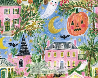 Seamless Pink Halloween Town Pattern Digital Download – Spooky Cute Watercolor Repeat Design