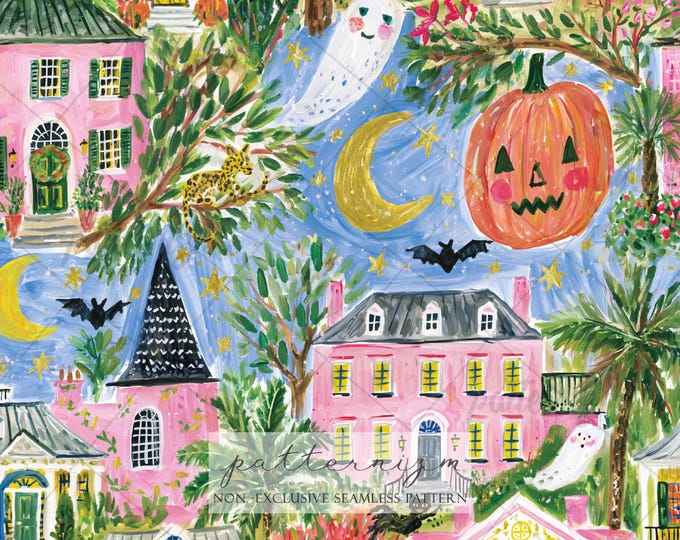 Seamless Pink Halloween Town Pattern Digital Download – Spooky Cute Watercolor Repeat Design