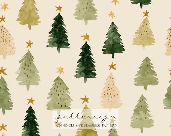 Watercolor Christmas Tree Seamless Pattern – Repeat Minimal Green Holiday Trees and Stars for Wrapping Paper, Fabric & Crafts