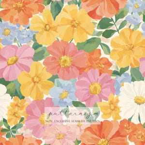 May include: A seamless floral pattern featuring a variety of colorful flowers in shades of orange, yellow, pink, and blue. The design includes green leaves and the text "patternizm" and "NON-EXCLUSIVE SEAMLESS PATTERN".