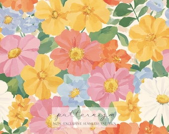 Watercolor Floral Pattern Digital Paper – Soft Meadow Flowers in Pastel Yellow Pink Blue, Seamless Botanical Design for Fabric & Crafts
