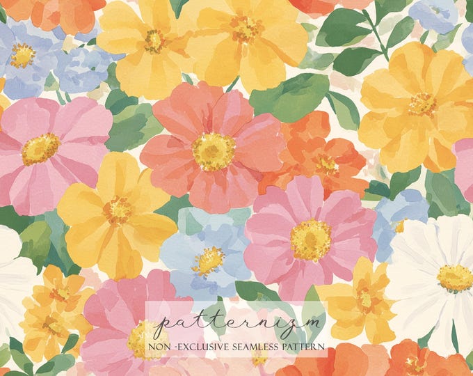 Watercolor Floral Pattern Digital Paper – Soft Meadow Flowers in Pastel Yellow Pink Blue, Seamless Botanical Design for Fabric & Crafts