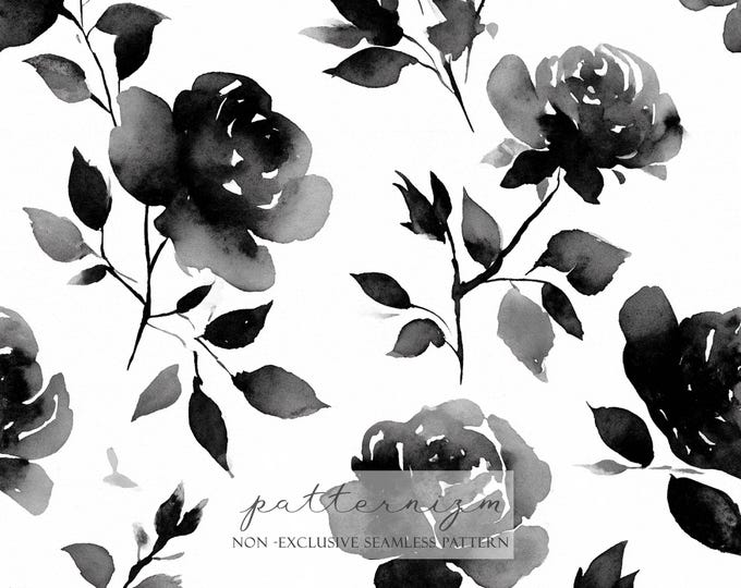Black Rose Seamless Pattern, Monochrome Watercolor Floral Repeat, Modern Gothic Botanical Digital Paper