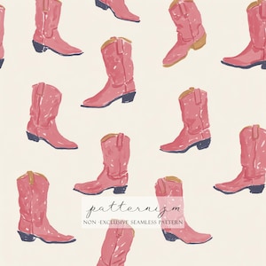 May include: A repeating pattern of pink cowboy boots with gold accents and navy blue soles on a cream background. The text "patternizm" and "NON-EXCLUSIVE SEAMLESS PATTERN" are also visible.